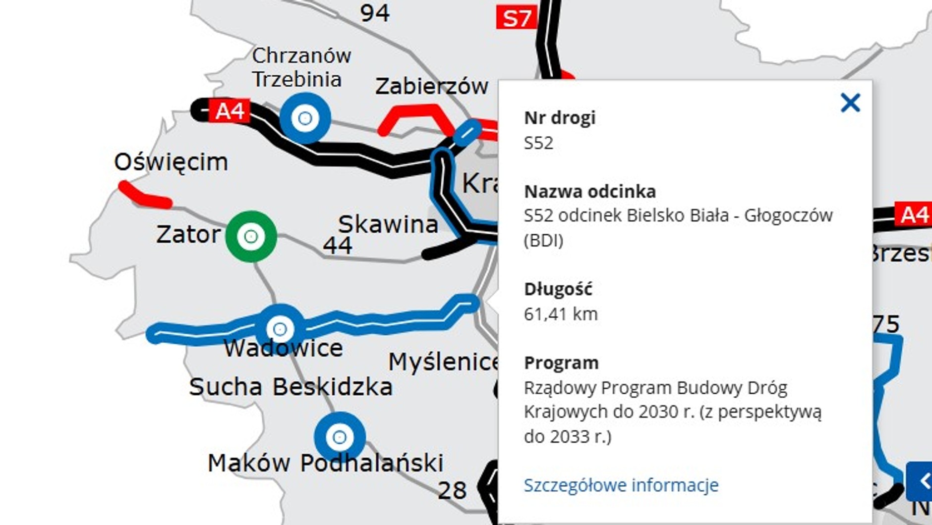 Mapa planowanej drogi S52