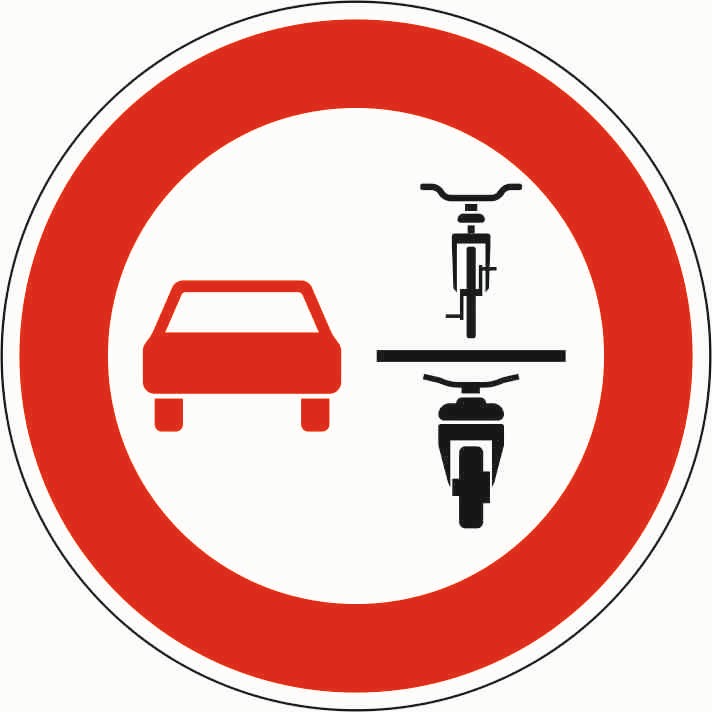 Znak Z-277.1 - zakaz wyprzedzania pojazdów jednośladowych przez pojazdy samochodowe wielośladowe i motocykle z bocznym wózkiem