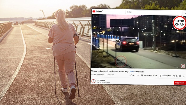 Kobieta omijała korek po kładce pieszo-rowerowej w Tychach