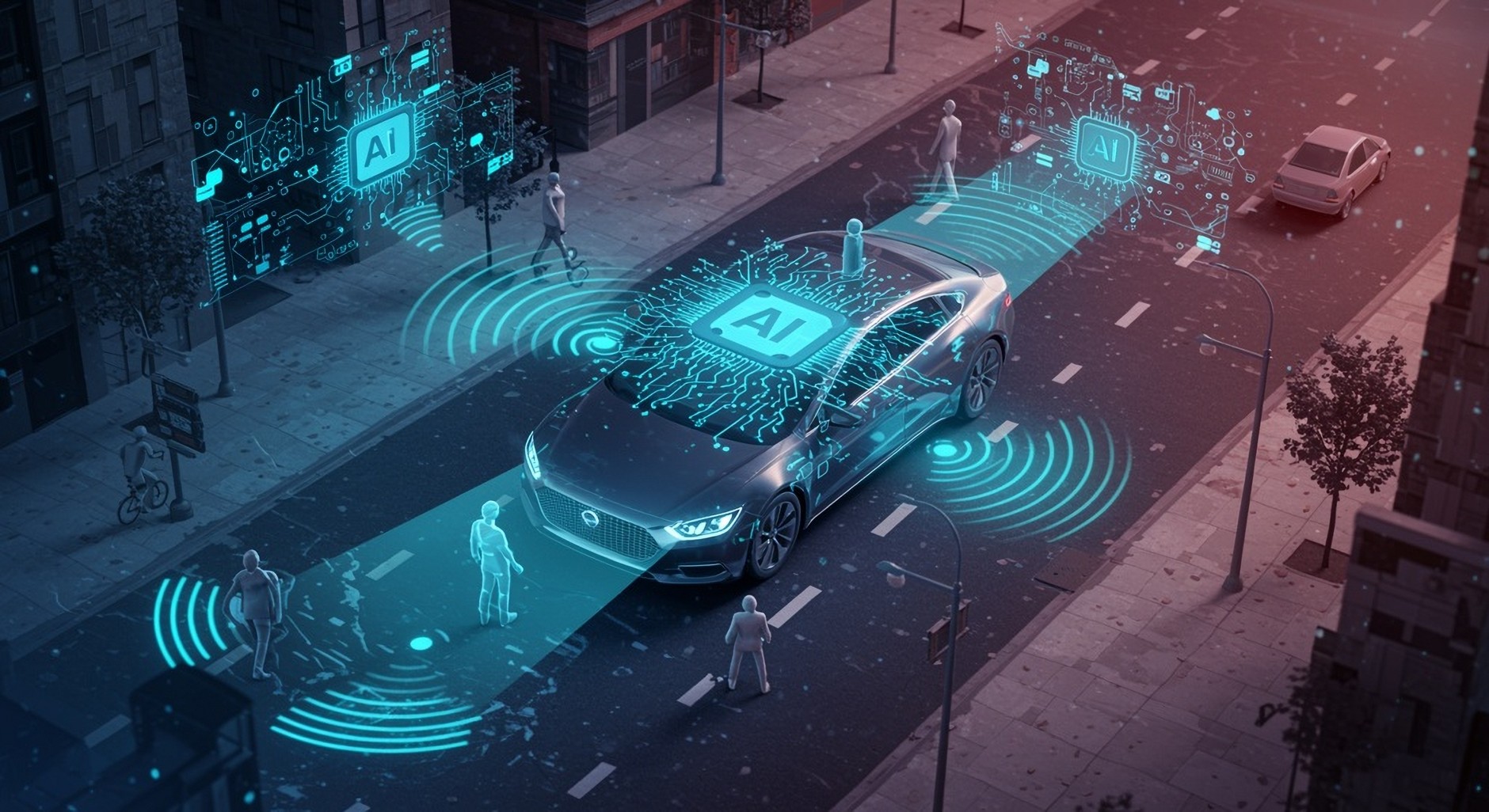 Kamery, lidary, radary, czujniki monitorujące auto i kierowcę – te wszystkie elementy generują olbrzymi strumień danych. Sztuczna inteligencja decyduje w czasie rzeczywistym, jak auto ma zareagować na potencjalne zagrożenia.