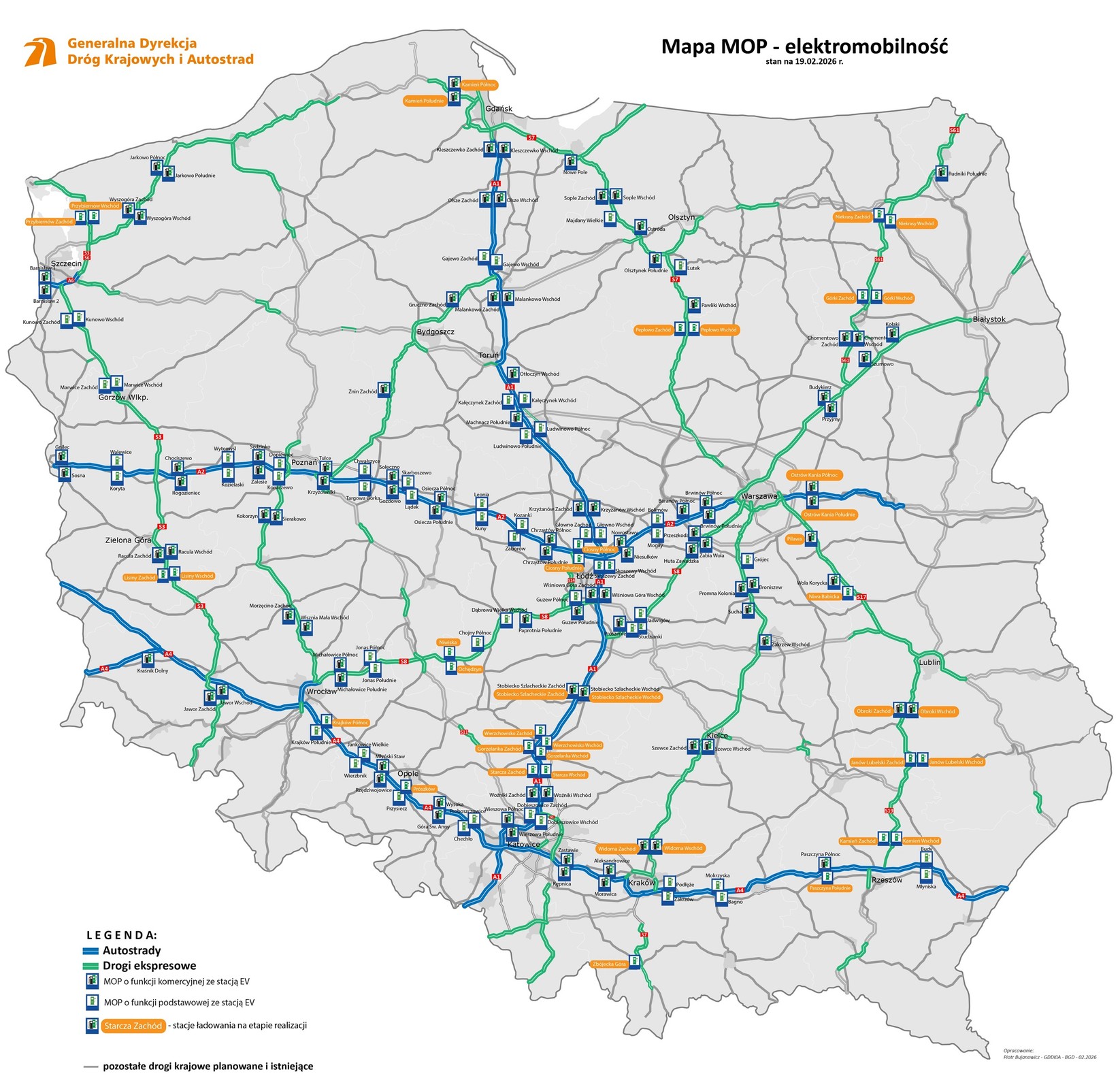 Mapa MOP-ów ze stacjami ładowania pojazdów elektrycznych