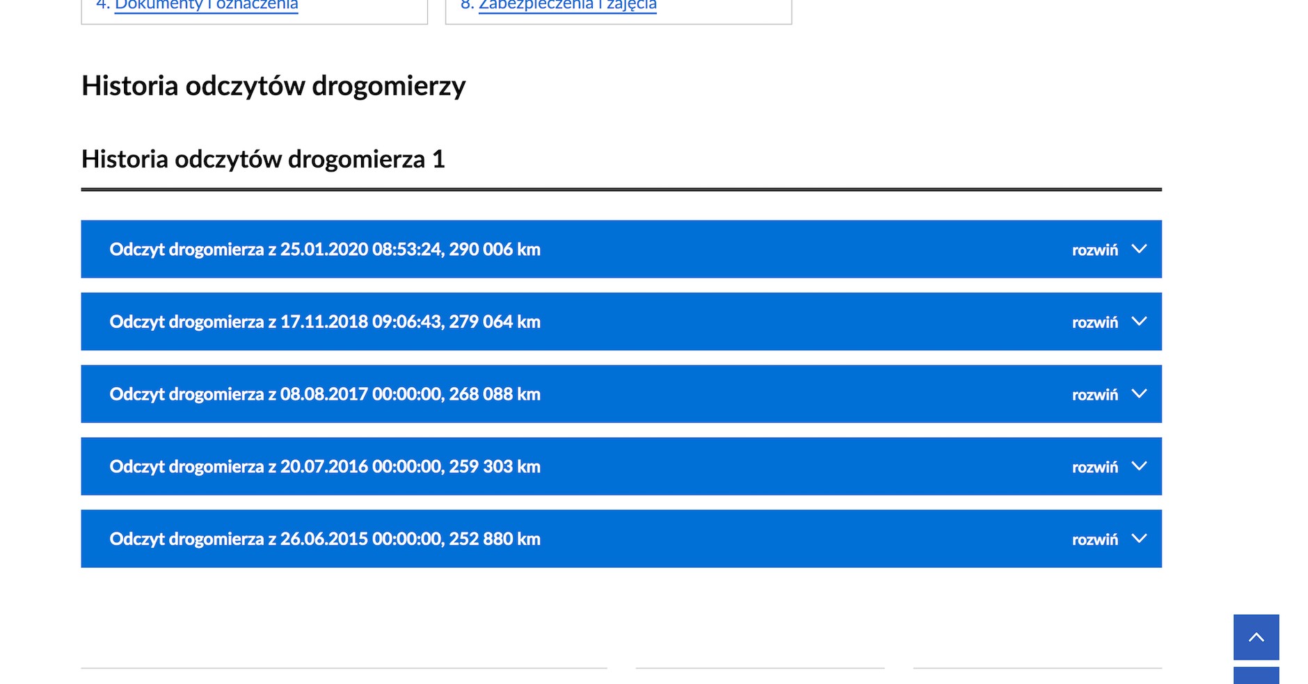 Lista wpisów na temat przykładowego samochodu ze strony mojpojazd.gov.pl. Każdy wpis można rozwinąć i zobaczyć więcej danych na jego temat