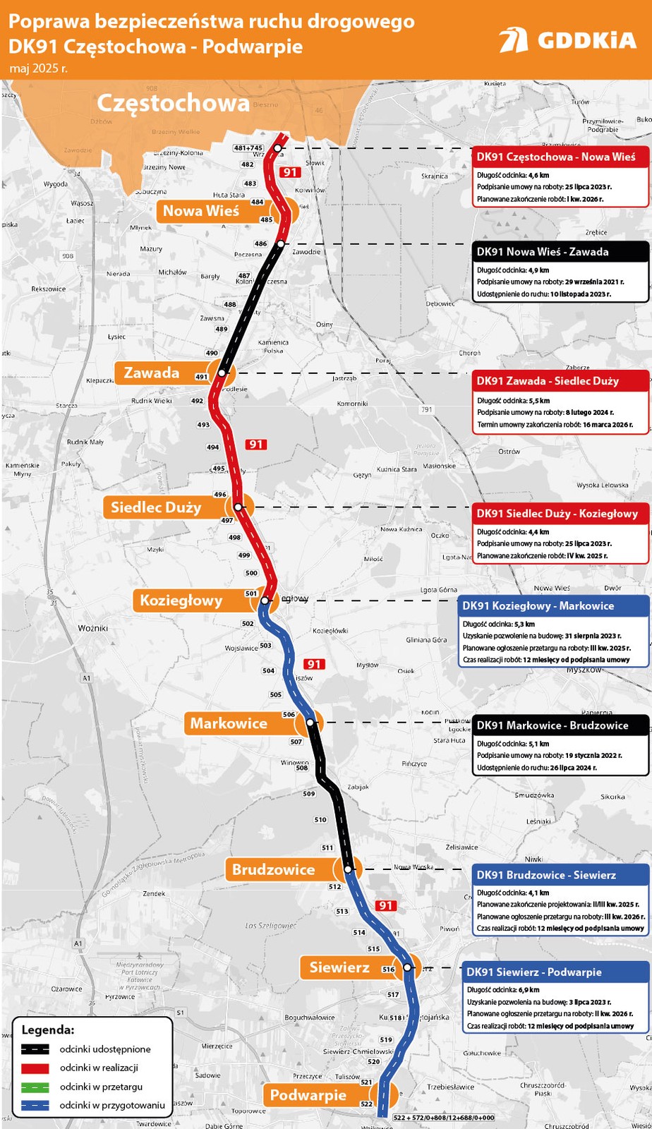 Mapa przedstawiająca stan przygotowań i realizacji przebudowy DK91 Częstochowa - Podwarpie