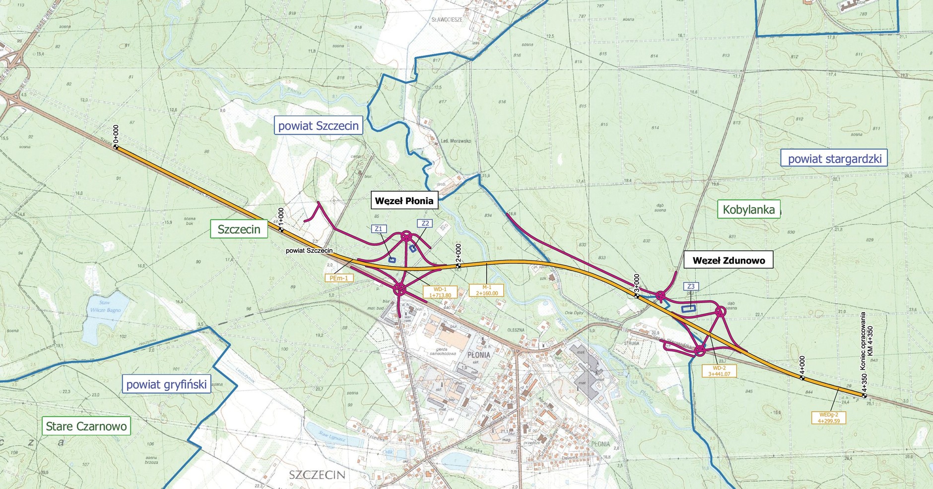 Mapa wariantu wybranego przebiegu odcinka S10 Szczecin Kijewo — Szczecin Zdunowo