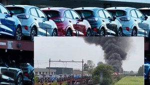 Pożar pociągu transportującego nowe Fordy Puma [Nagranie]