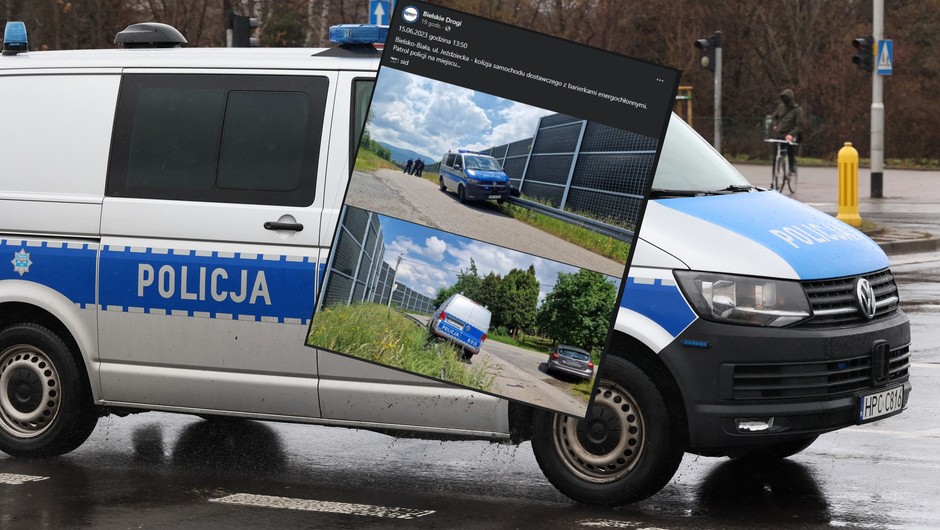 Uszkodzony policyjny VW Transporter