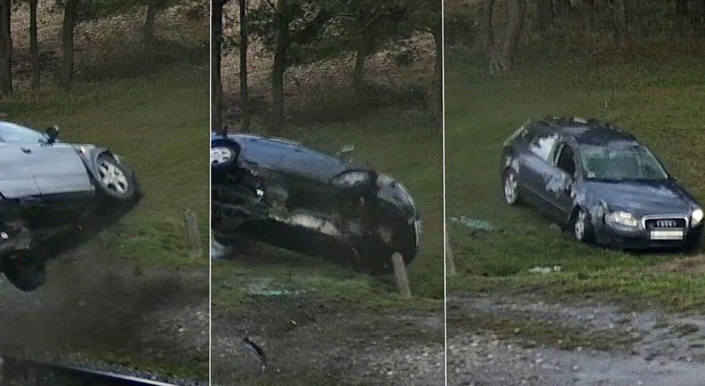 Najpierw przeleciał nad torowiskiem, później dachował. O dziwo nic mu się nie stało