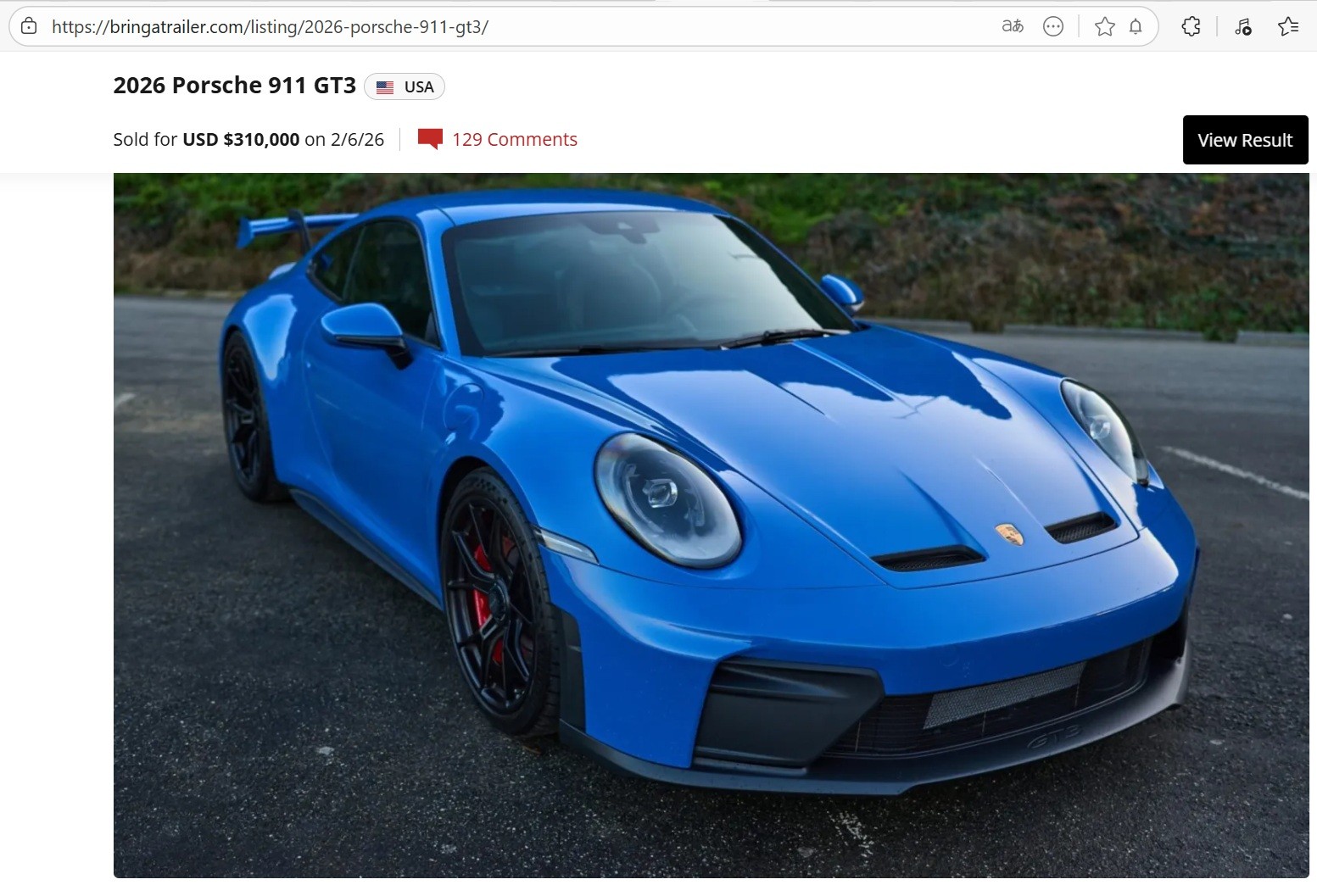 Zrzut ekranu z aukcji z omawianym Porsche 911 GT3