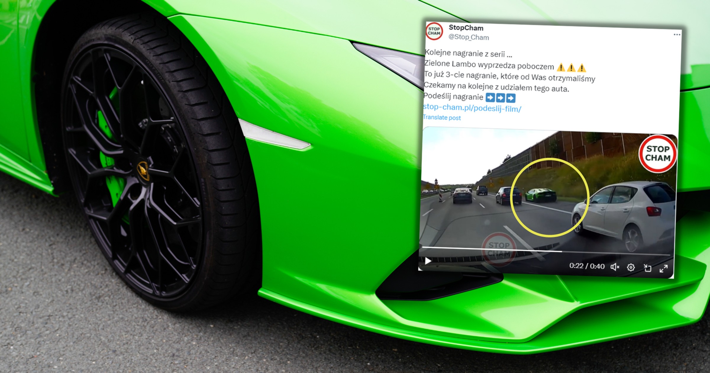 Policja namierzyła kierowcę zielonego Lamborghini (screen: X/StopCham)