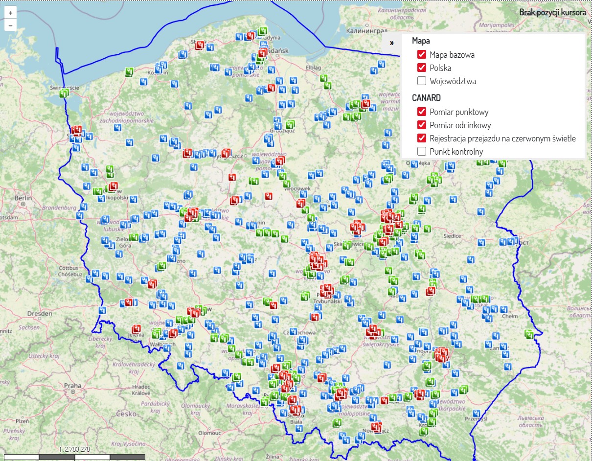 Mapa odcinkowych pomiarów prędkości i fotoradarów CANARD. Stan na 17.04.2026