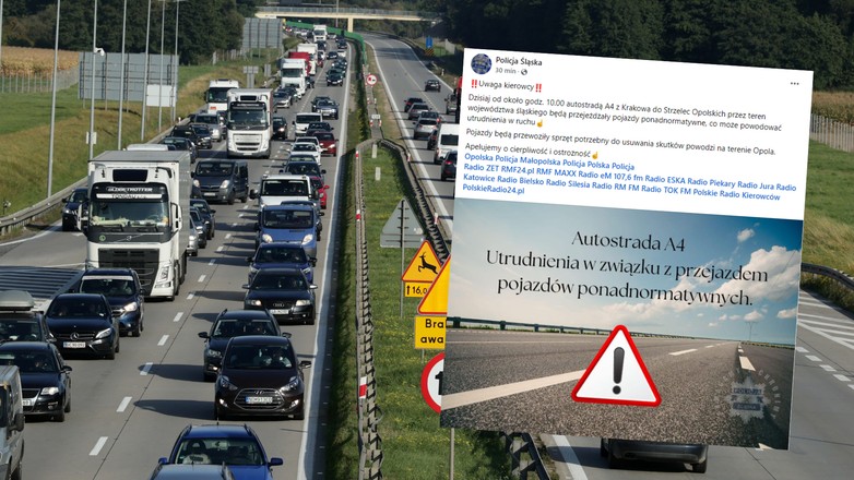 Śląska policja informuje o możliwych utrudnieniach na A4. Powodem przejazd sprzętu, który ma pomóc w walce ze skutkami powodzi (screen: SlaskaKWP/Facebook)