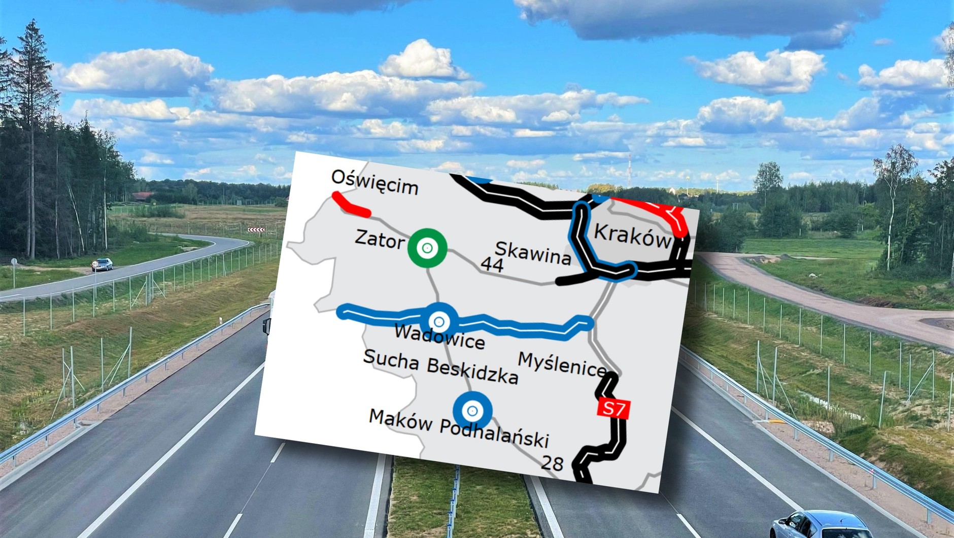 Droga ekspresowa (zdjęcie poglądowe) z mapą trasy S52