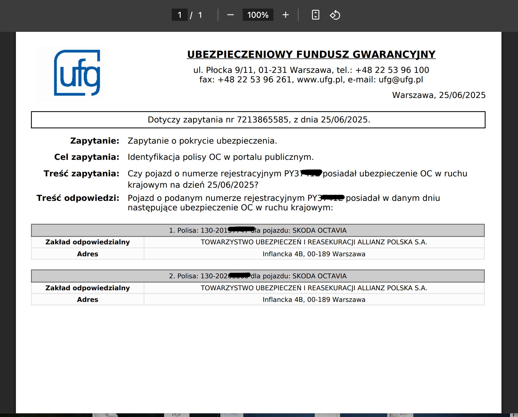 System w ciągu kilku sekund generuje odpowiedź na temat OC auta