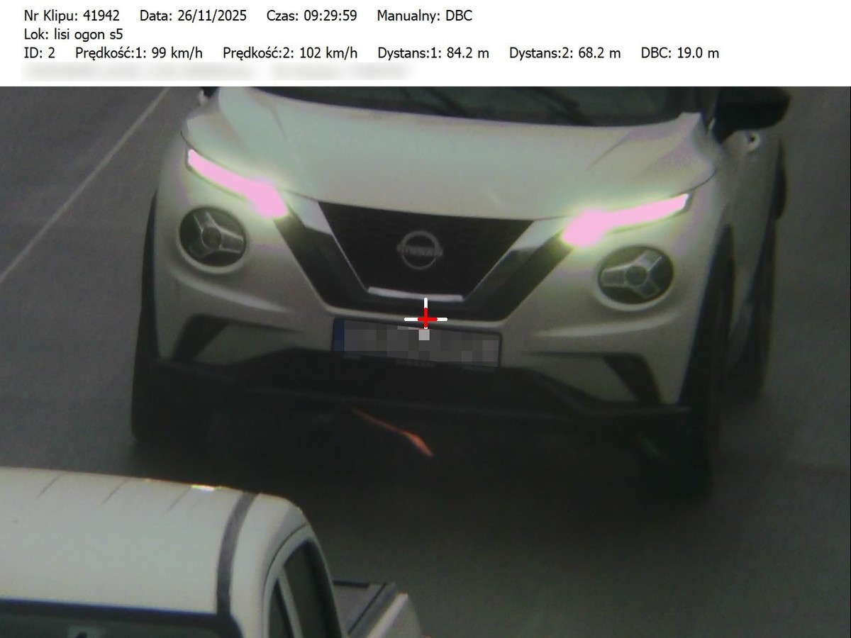 Prędkości samochodów to ok. 100 km na godz., a odległość to 19 m. Prawidłowa to ok. 50 m