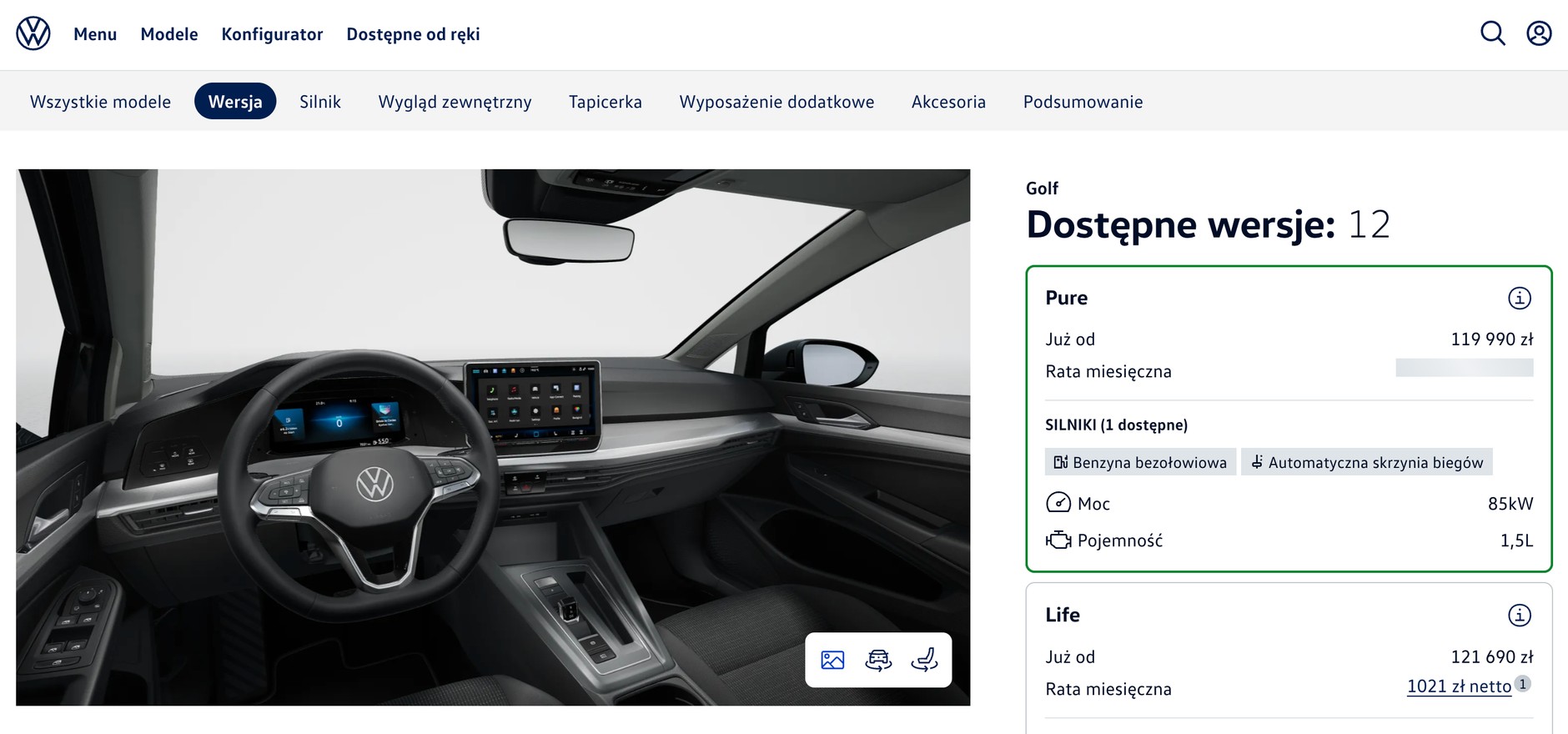 Volkswagen Golf Pure — zrzut ekranu z konfiguratora