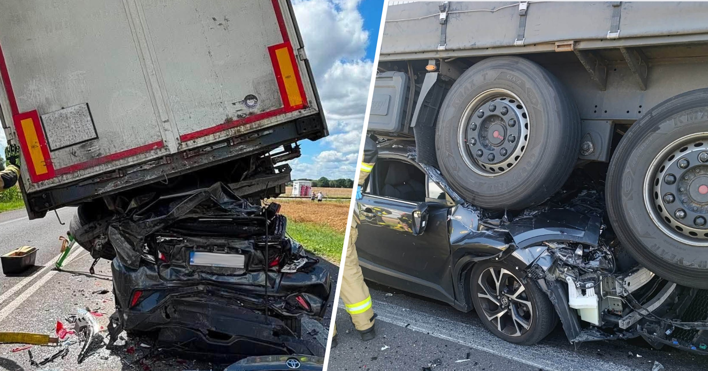 Osobówka wepchnięta pod naczepę tira