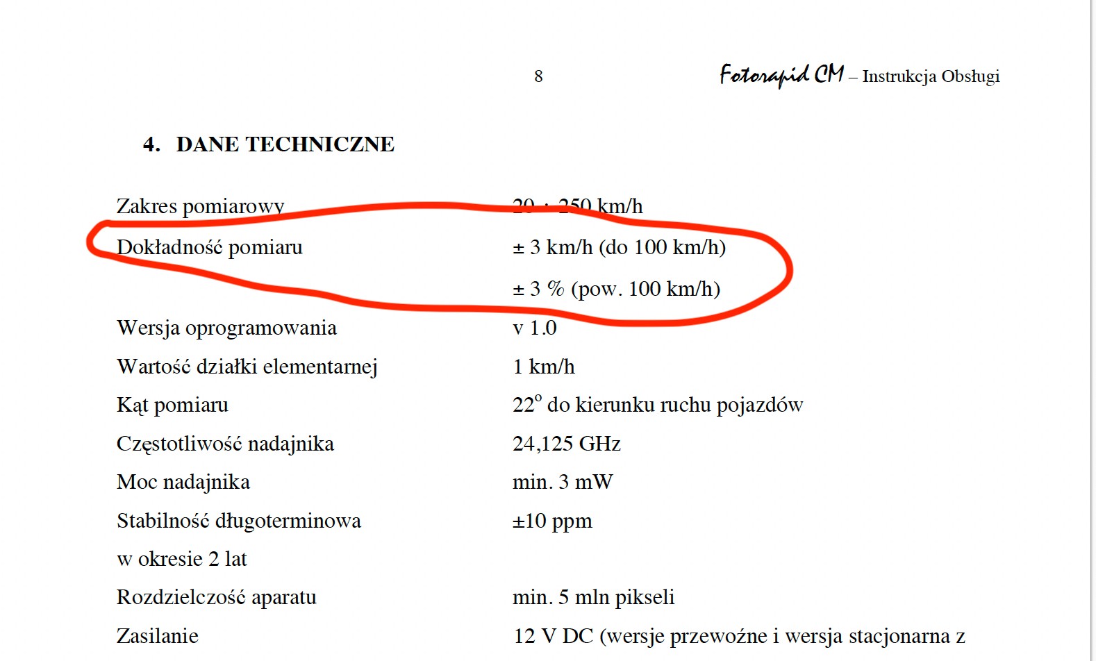 Fragment instrukcji obsługi fotoradaru Fotorapid CM
