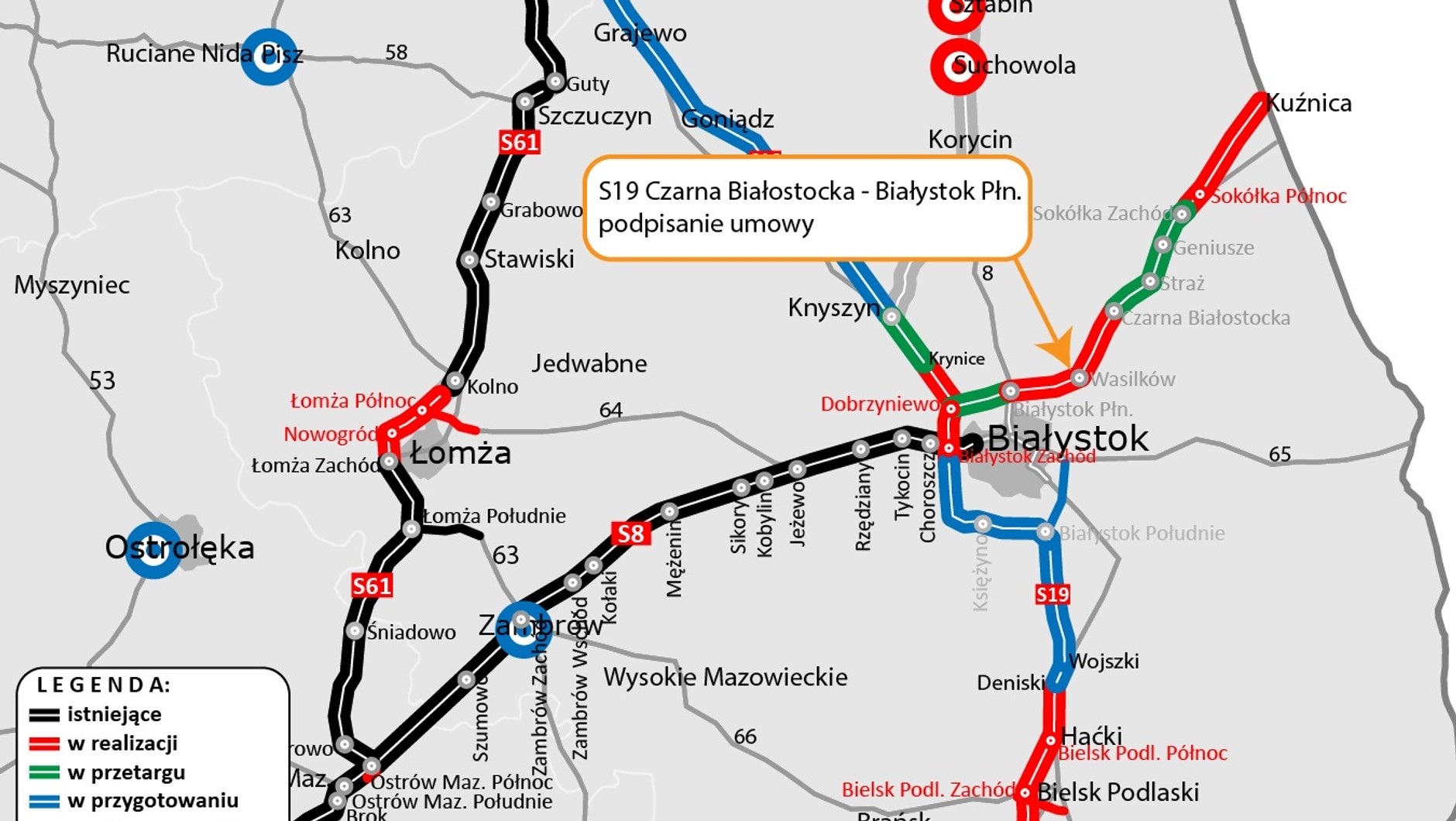 Mapa stanu ukończenia drogi S19 w woj. podlaskim