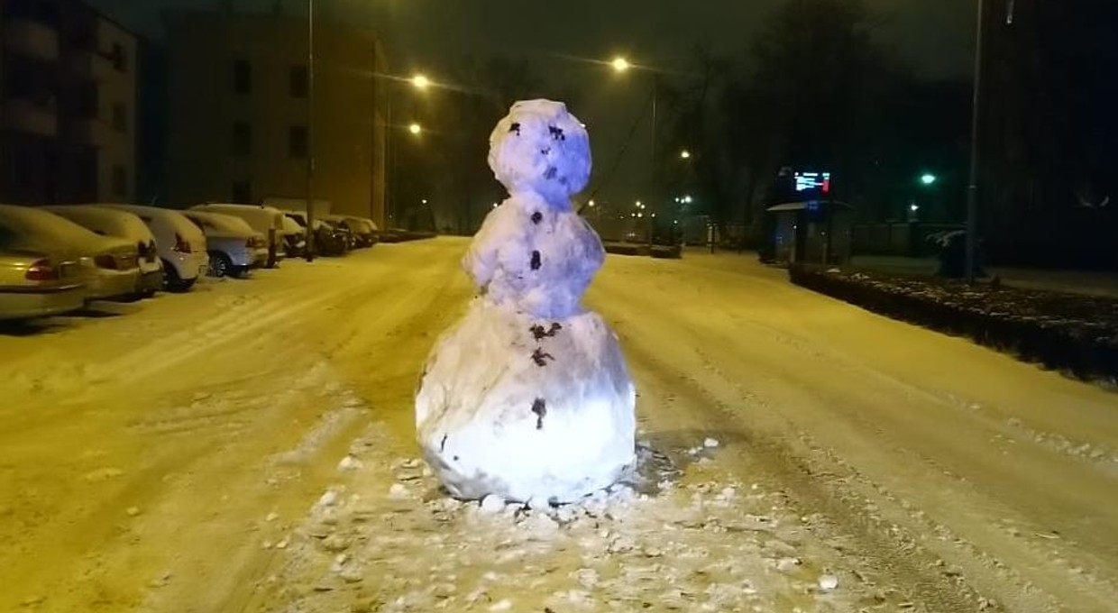Bałwan stanął w centrum Leszna. Interweniowała policja [Nagranie]