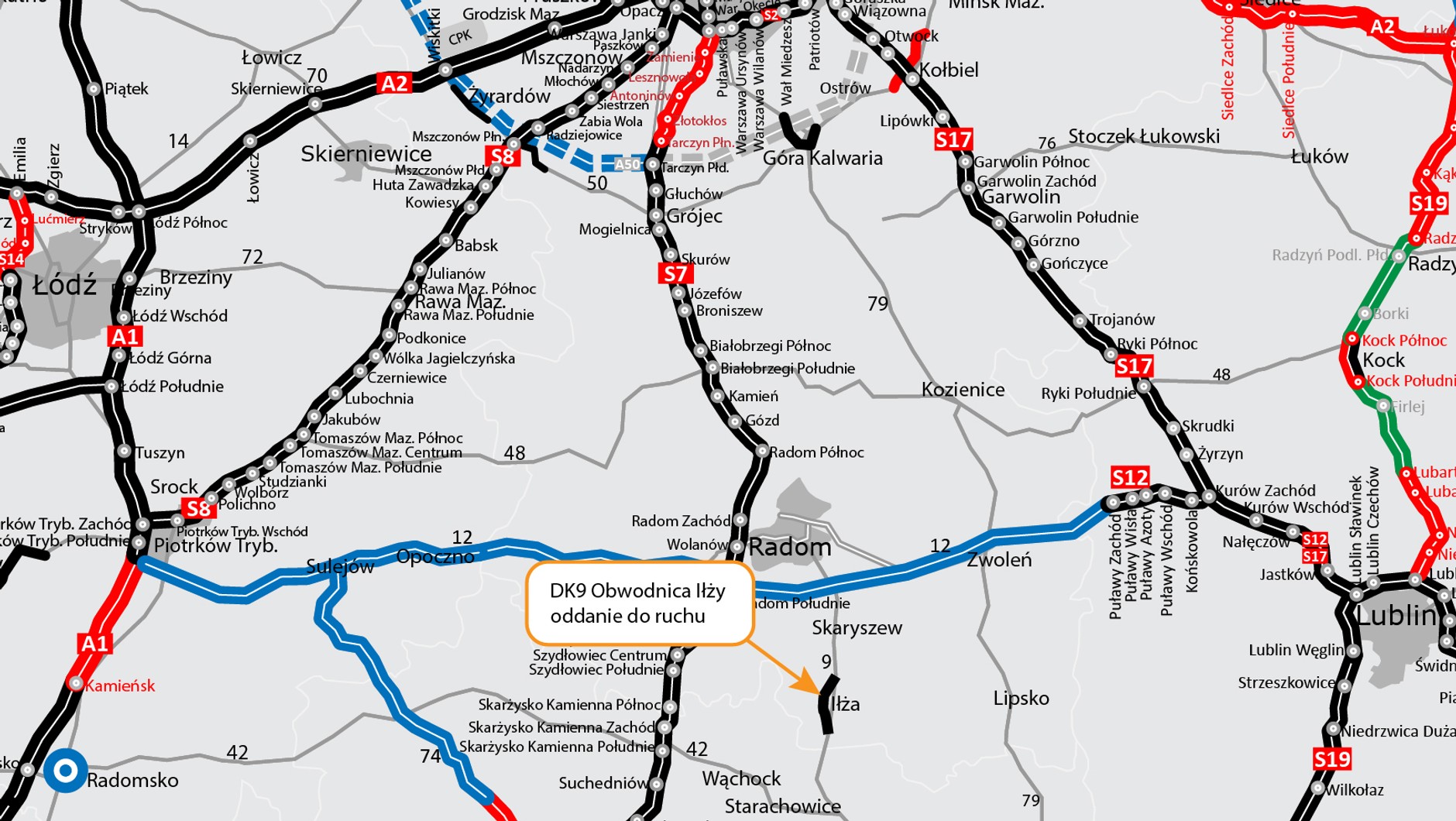 Mapa z lokalizacją obwodnicy Iłży na DK9