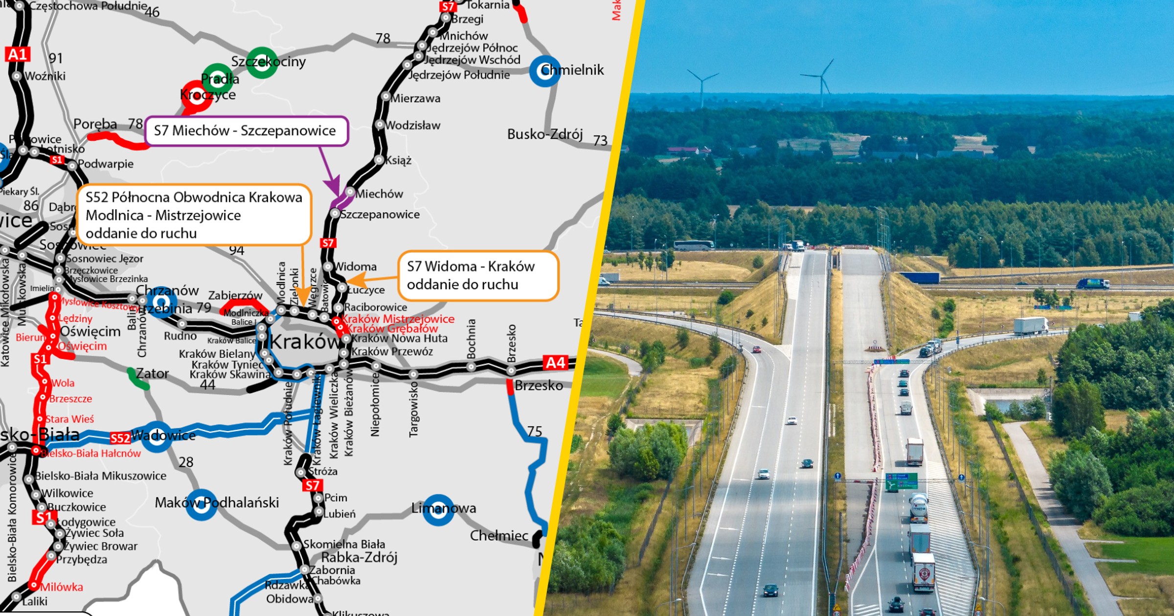 Przebieg tras S7 i S52 - mapa