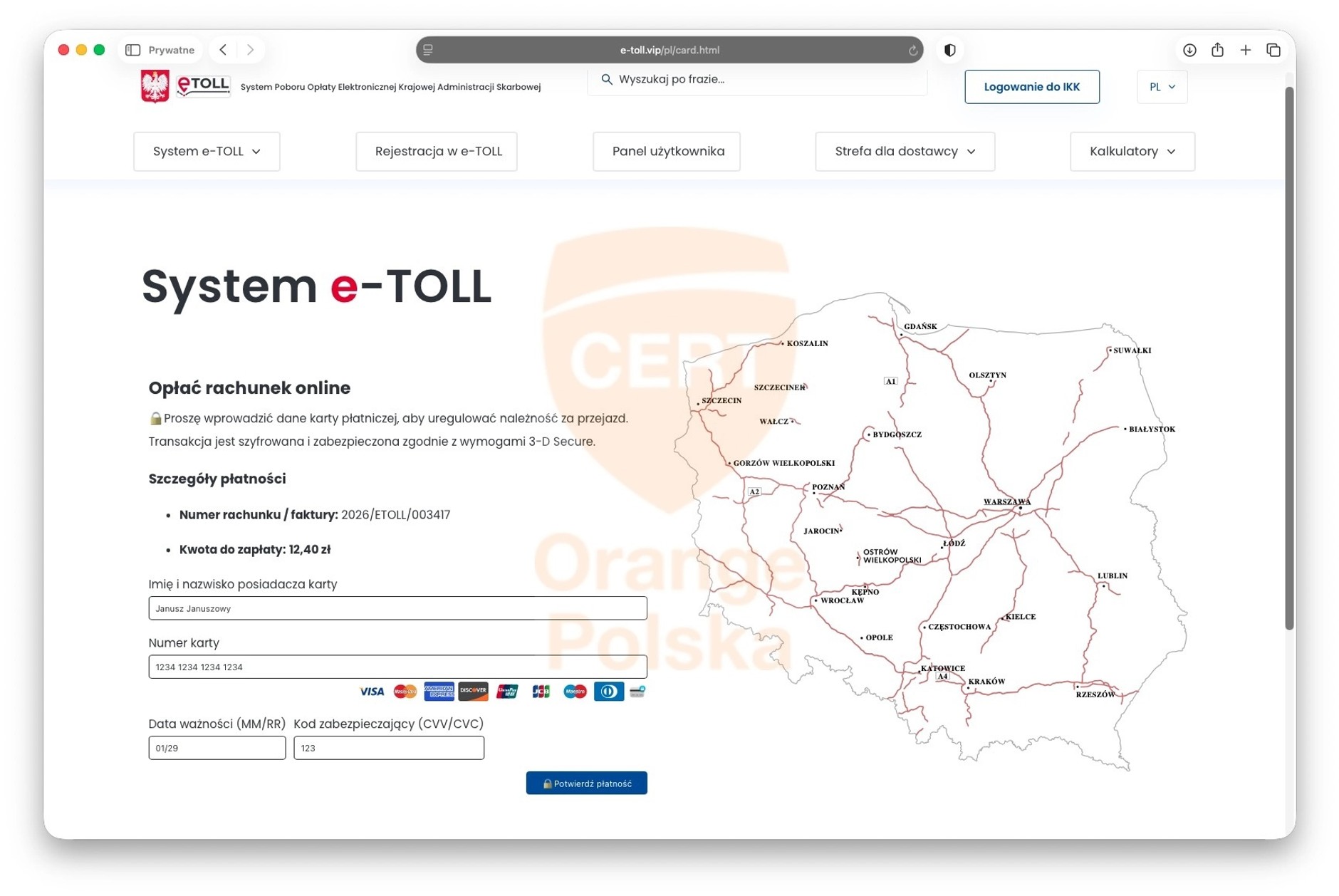 Fałszywa strona do płatności w systemie e-TOLL pokazana przez CERT Orange