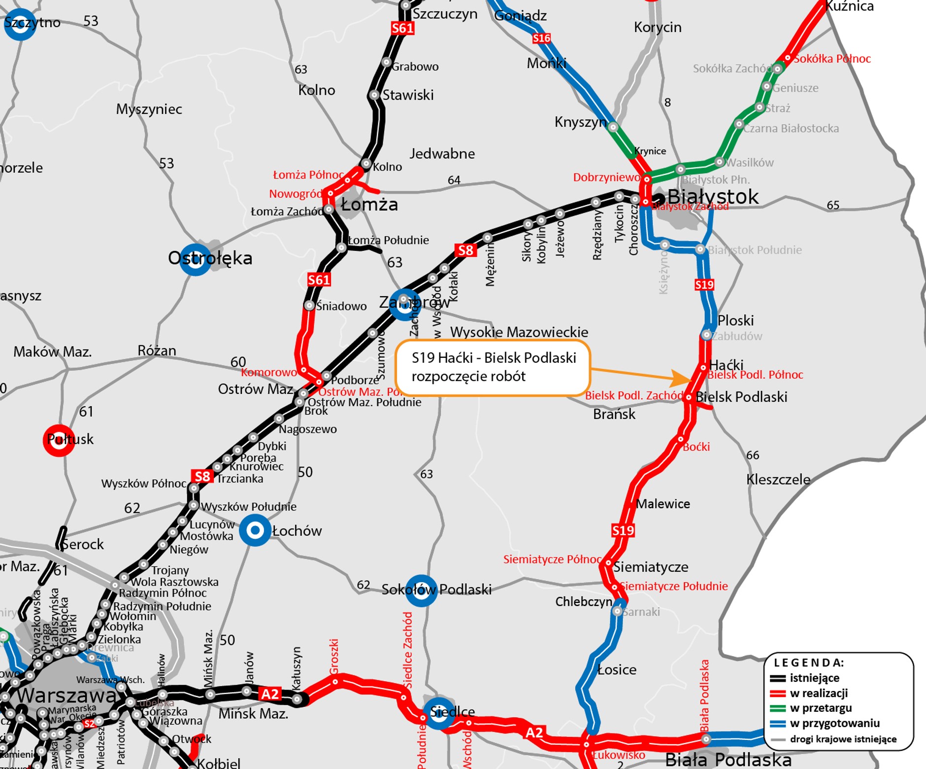 Mapa przebiegu S19 w woj podlaskim