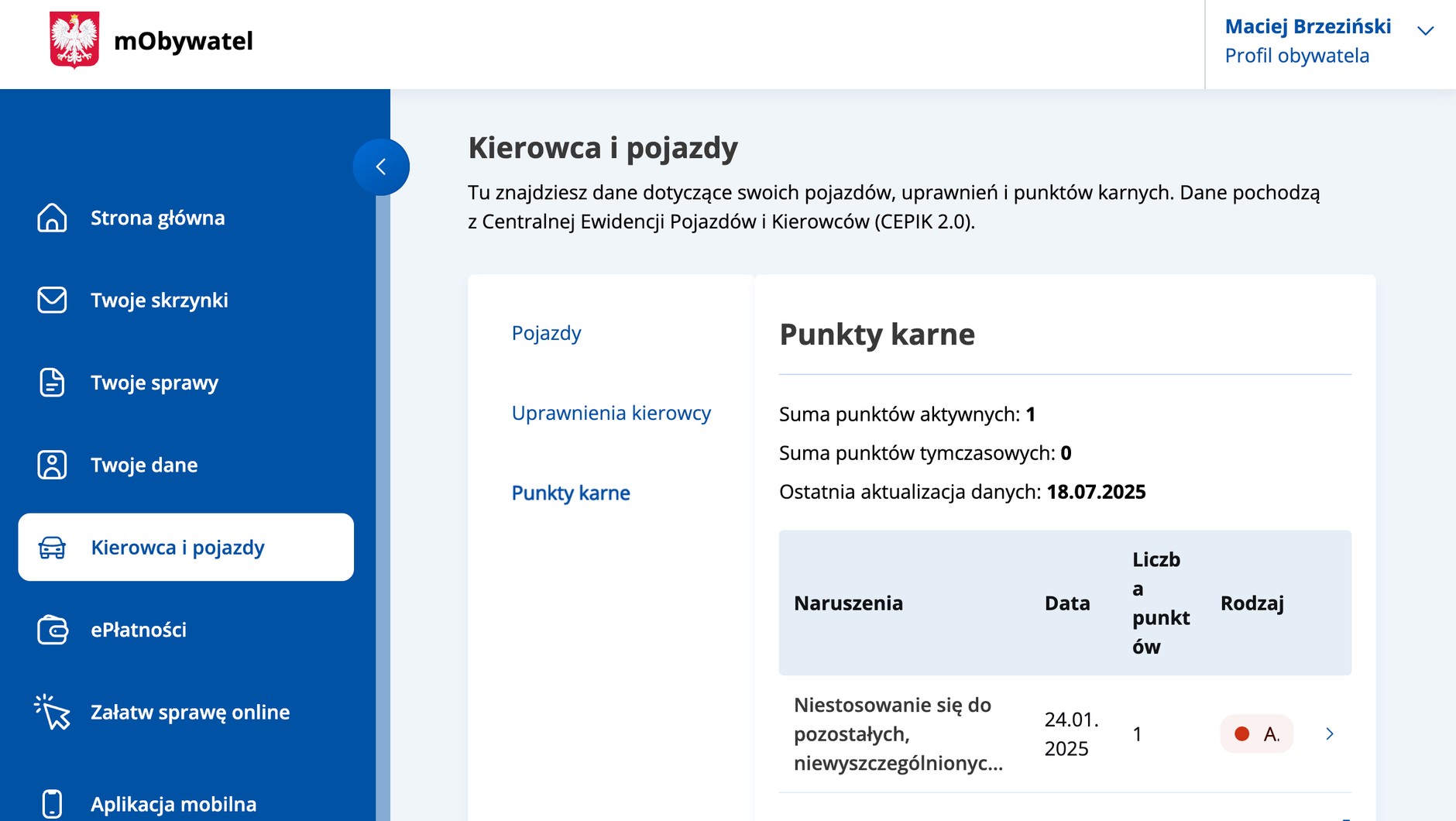 Ekran strony mboywatel.gov.pl na której można sprawdzić stan swojego konta punktowego