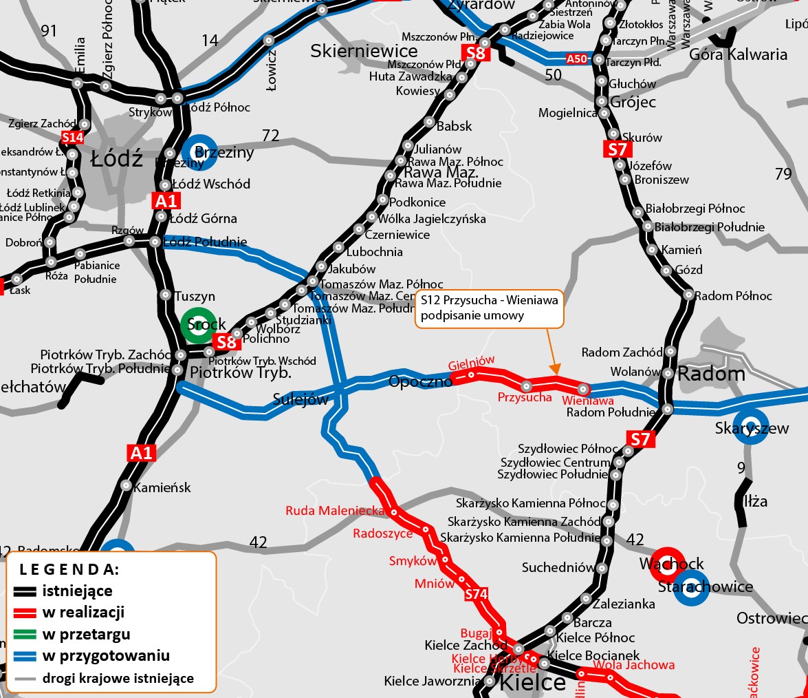 Przebieg trasy S12 i stopień realizacji odcinków