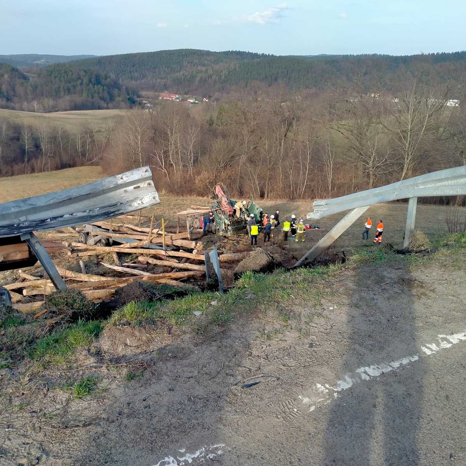 Ciężarówka z drewnem spadła ze skarpy na Podkarpaciu