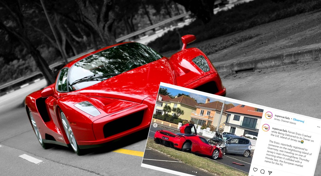 Zdemolowane Ferrari Enzo po wypadku z Hondą Jazz