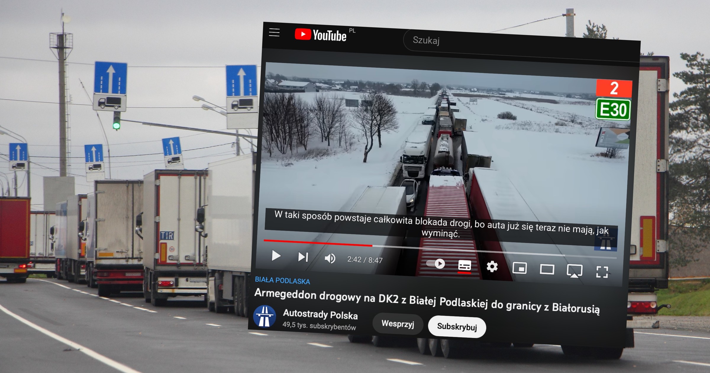 Na trasie DK2 przed przejściem granicznym z Białorusią co pewien czas kierowcy ciężarówek skutecznie blokują całą drogę