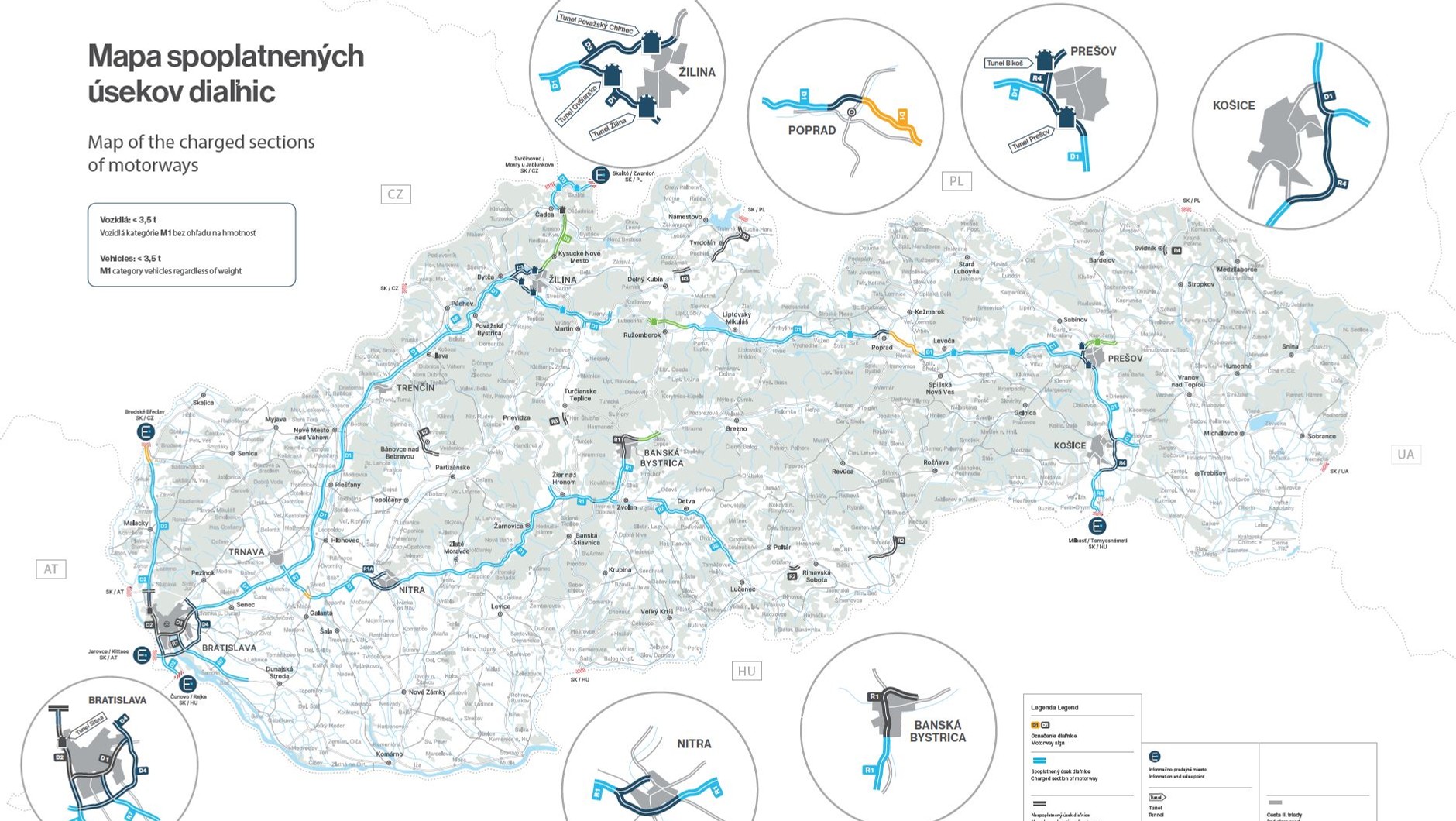 Mapa płatnych odcinków dróg na Słowacji
