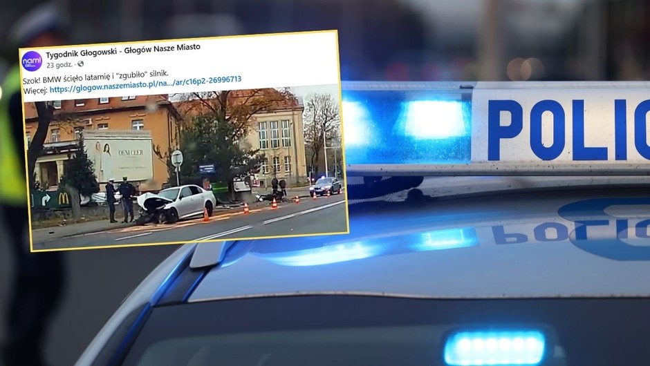 Bmw wjechało w latarnię w Głogowie (Screen: Facebook/TygodnikGlogowski)