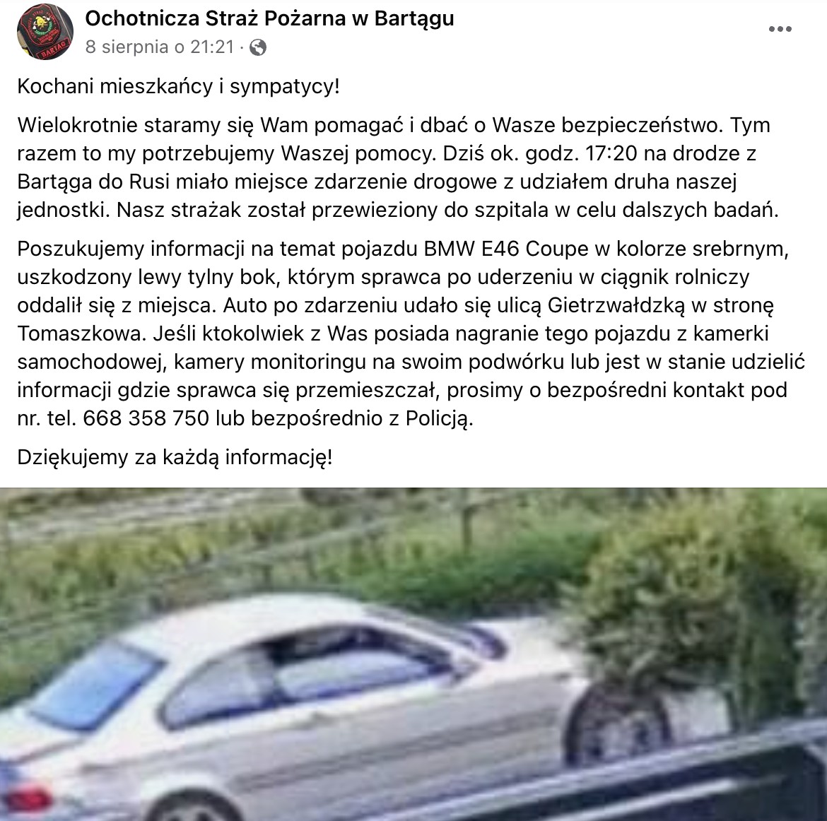 Na Facebooku strażacy zamieścili ogłoszenie z prośbą o pomoc w ustaleniu sprawcy