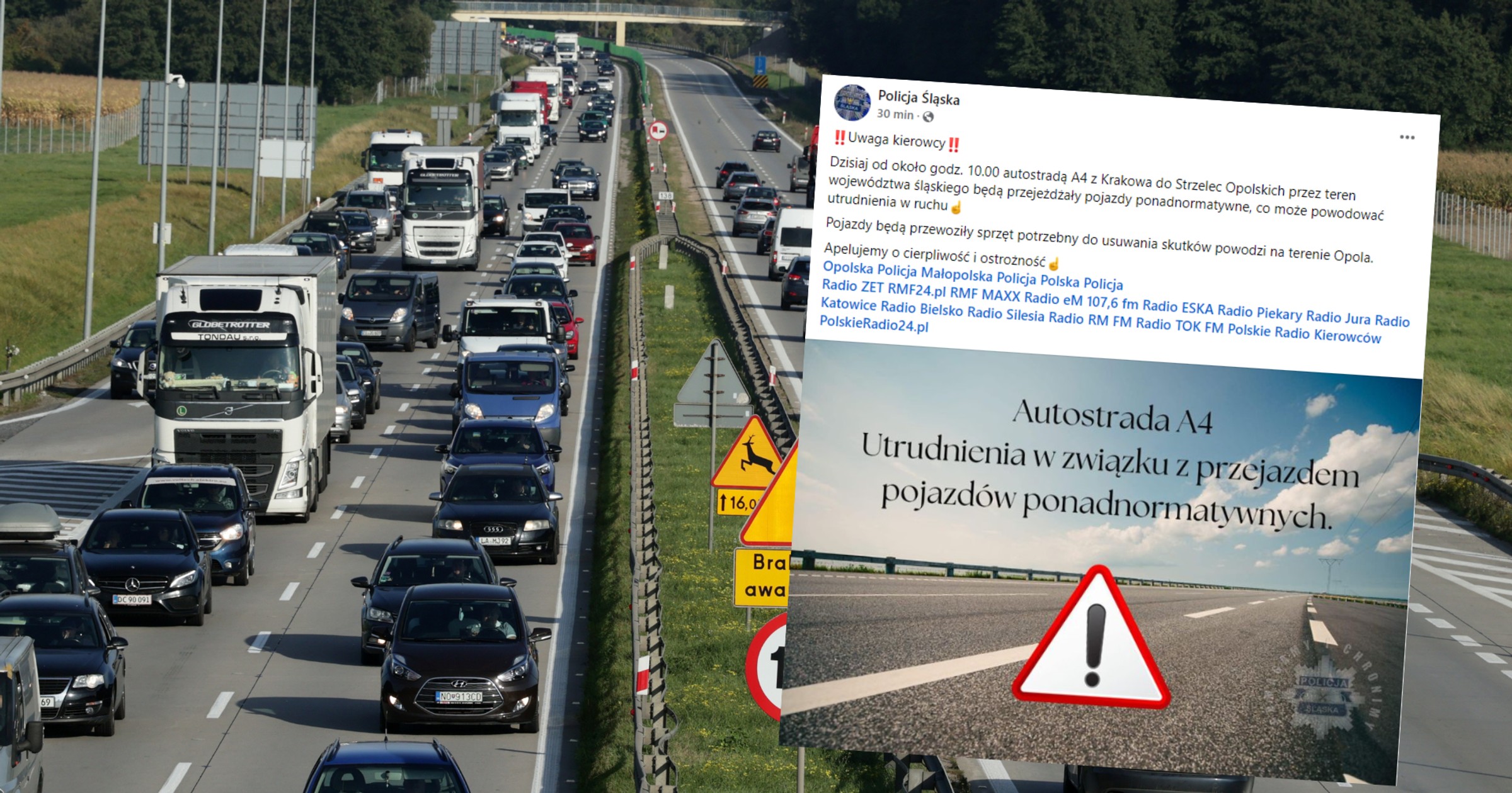 Śląska policja informuje o możliwych utrudnieniach na A4. Powodem przejazd sprzętu, który ma pomóc w walce ze skutkami powodzi (screen: SlaskaKWP/Facebook)