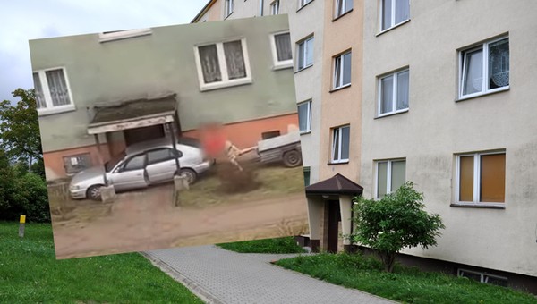 Samochód "zaparkował" pod klatką w bloku w Iławie (screen: Info Iława/Youtube.com)