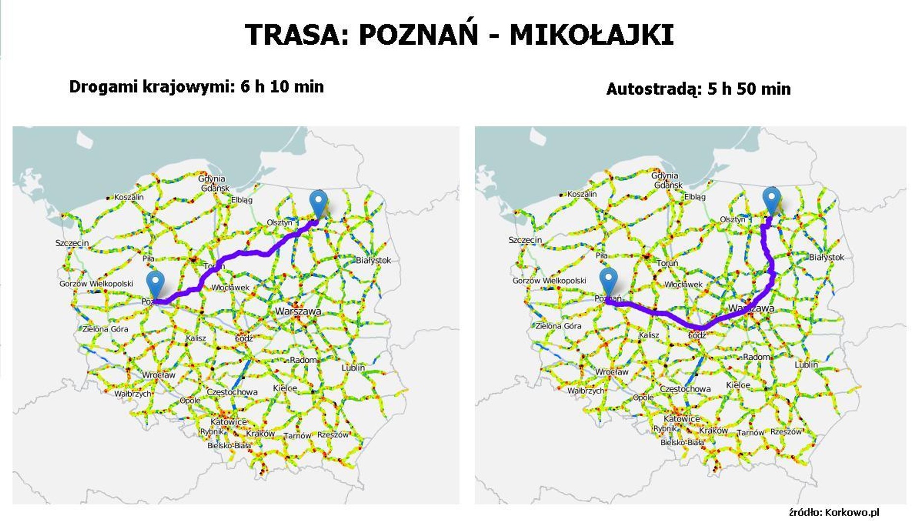 Porównanie trasy Mikołajki-Poznań
