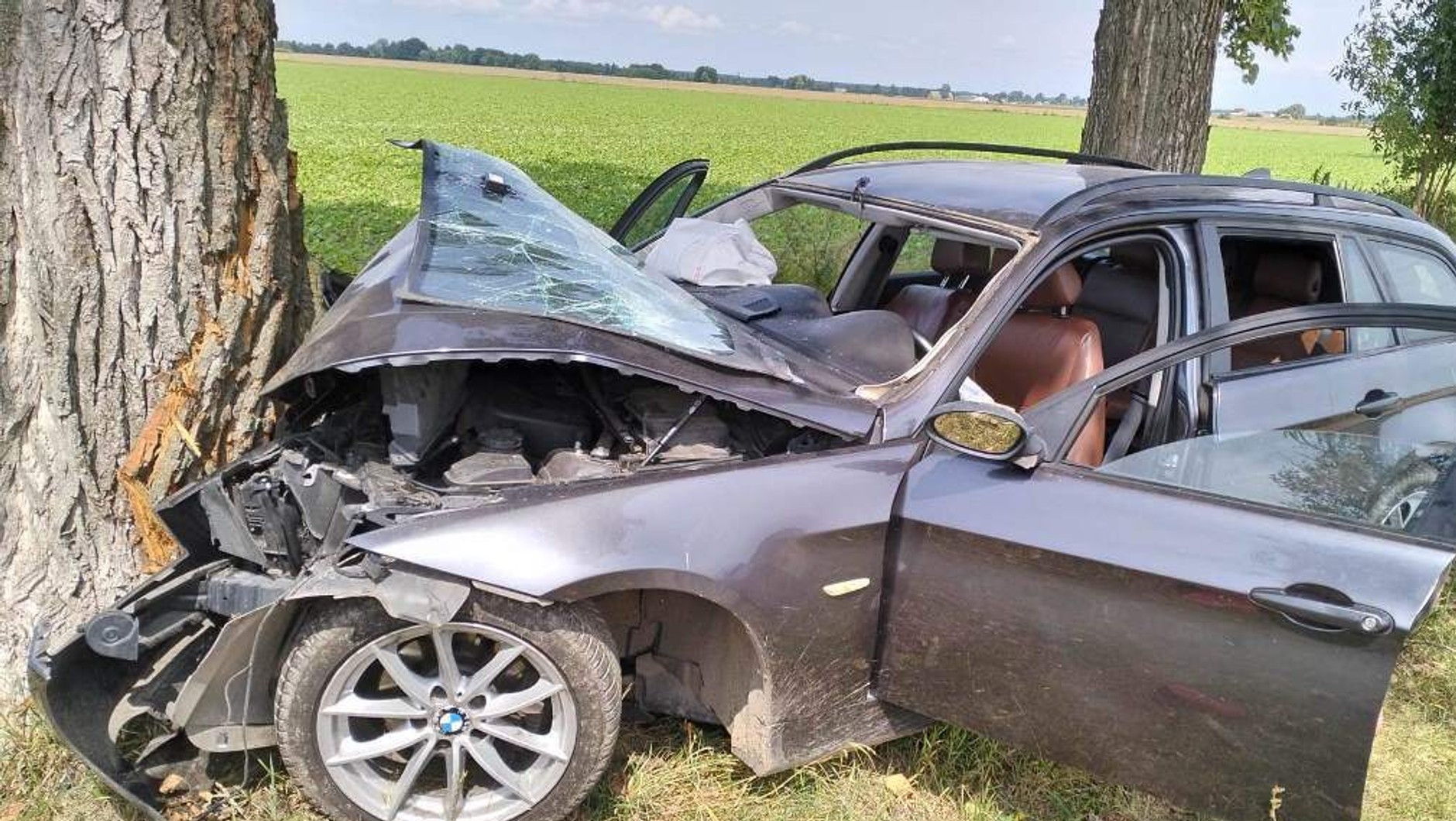 BMW na prostym odcinku drogi zjechało na pobocze i uderzyło w drzewo. Policjanci szukają świadków