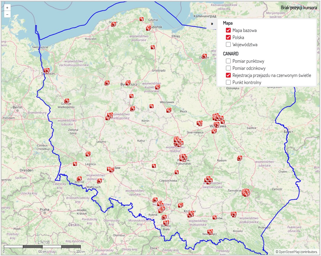 Aktualna mapa rejestracji przejazdu na czerwonym świetle
