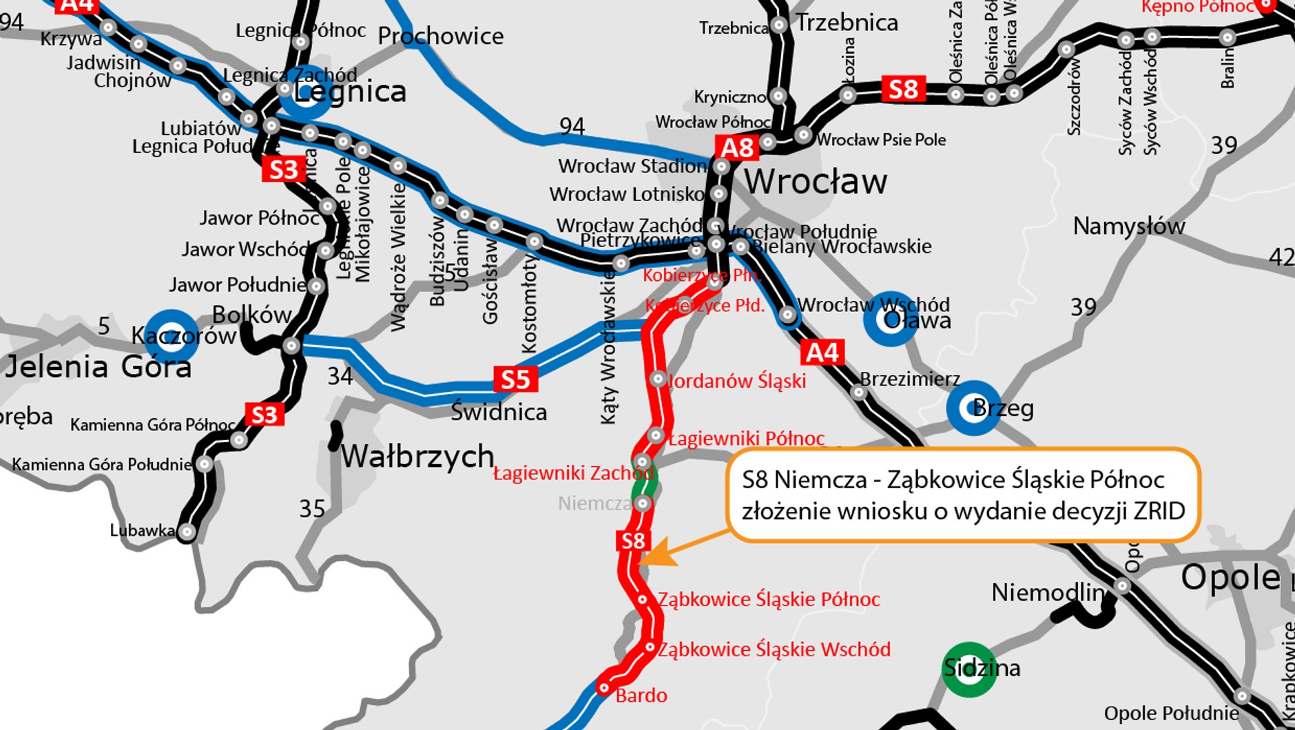 Droga S8 na południu - mapa