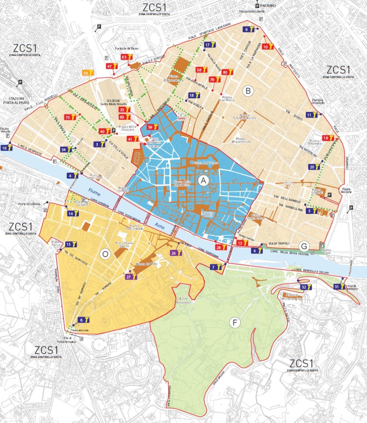 Mapa strefy ograniczonego ruchu (ZTL) we Florencji we Włoszech