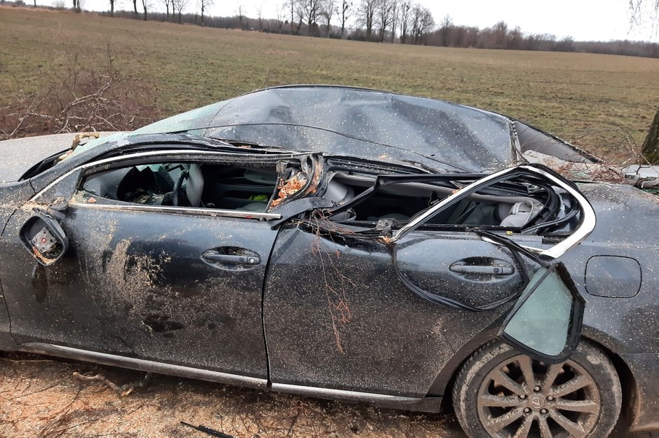 Lexus zdemolowany przez powalone drzewo. Skutki wichury