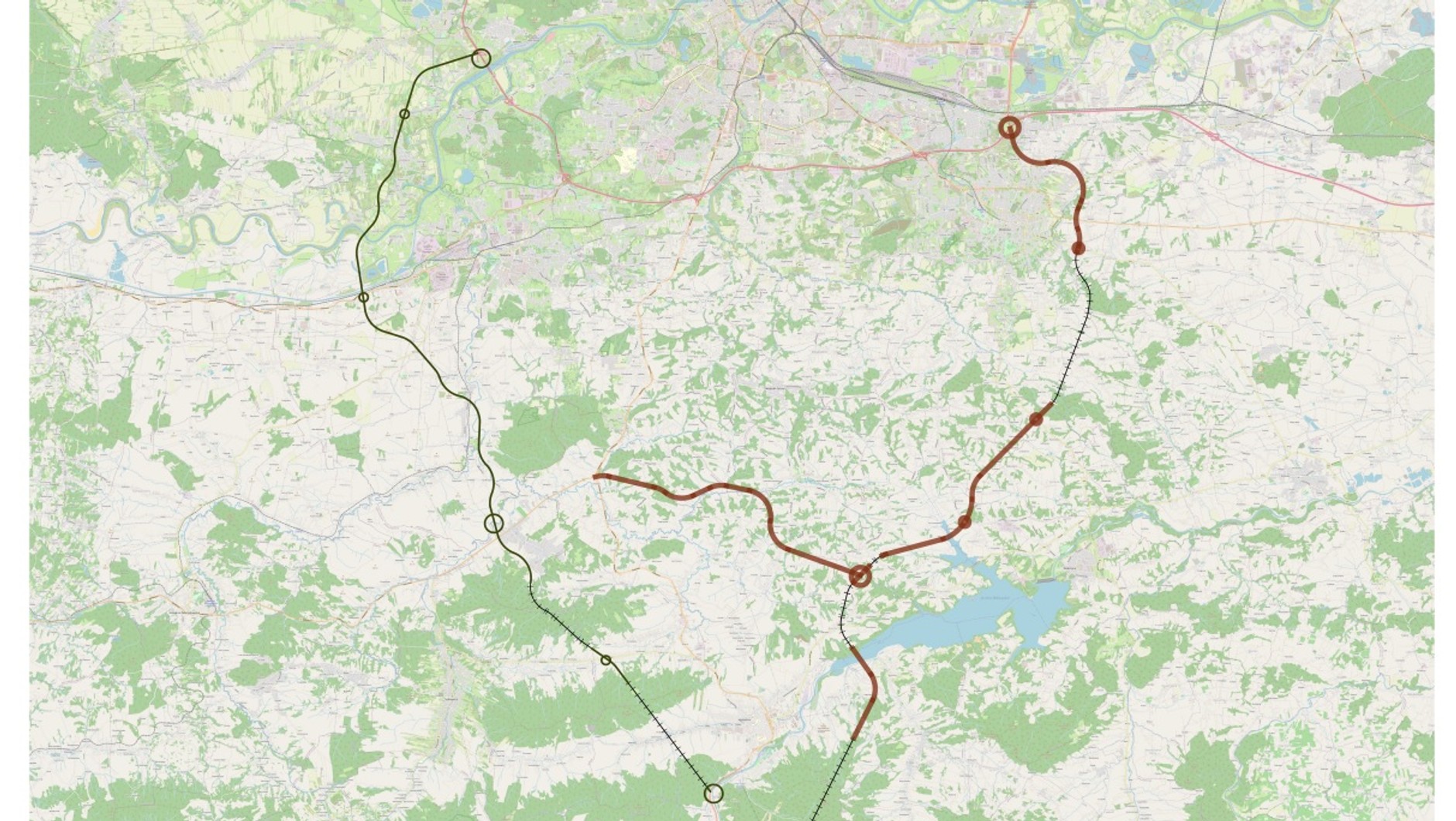 Mapa wariantów nowej zakopianki w pobliżu Krakowa