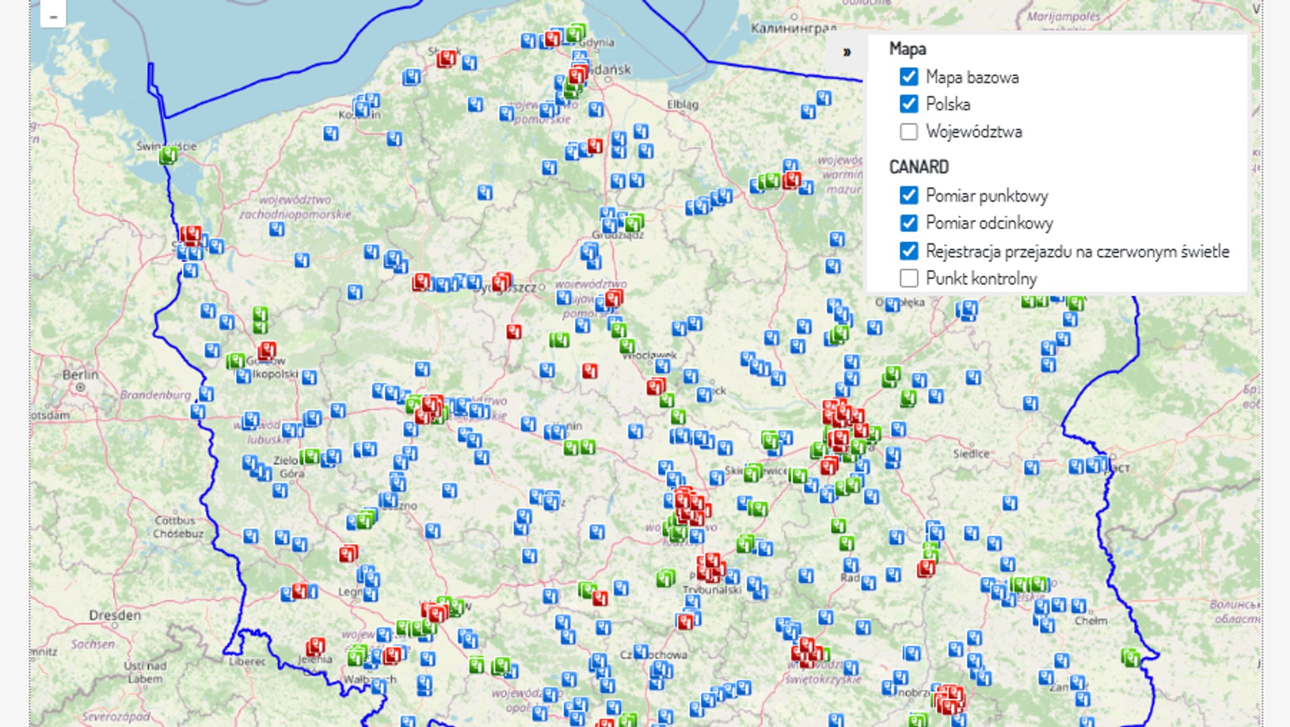 Mapa odcinkowych pomiarów prędkości, fotoradarów i RedLight, grudzień 2025 r.