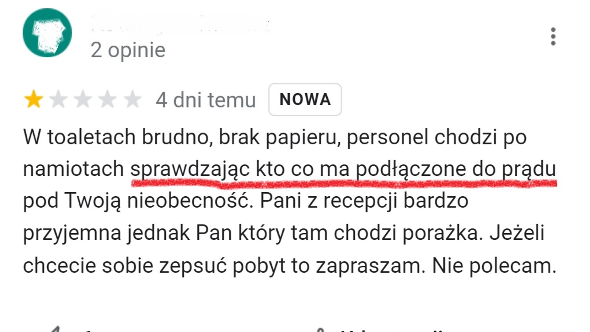 Negatywna opinia wystawiona przez rodzinę z Tesli (cytat)