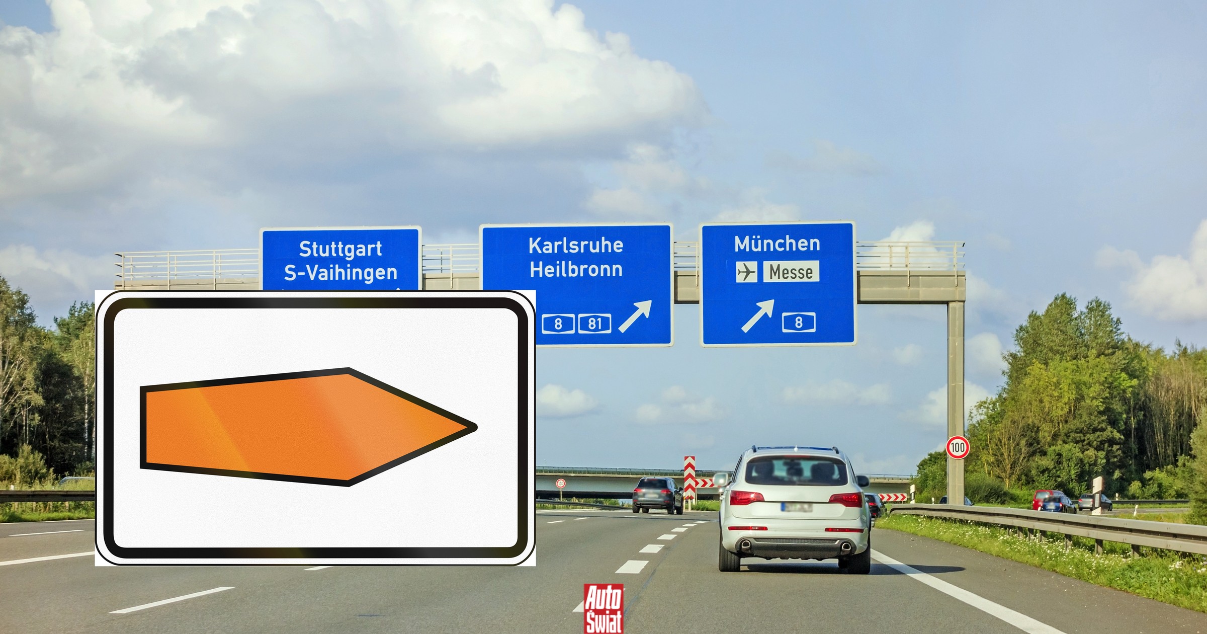 Znak z pomarańczową strzałką. Wyglądem przypomina trumnę, ale jest pomocny dla kierowców