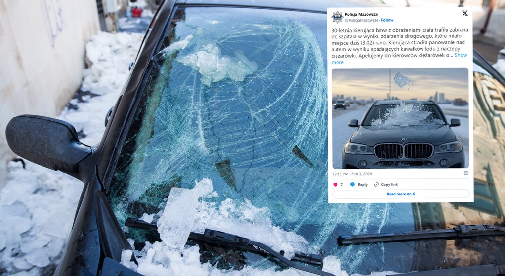 Bryła lodu spadła na bmw. Poszkodowana 30-latka. (screen: X/Policja Mazowsze)
