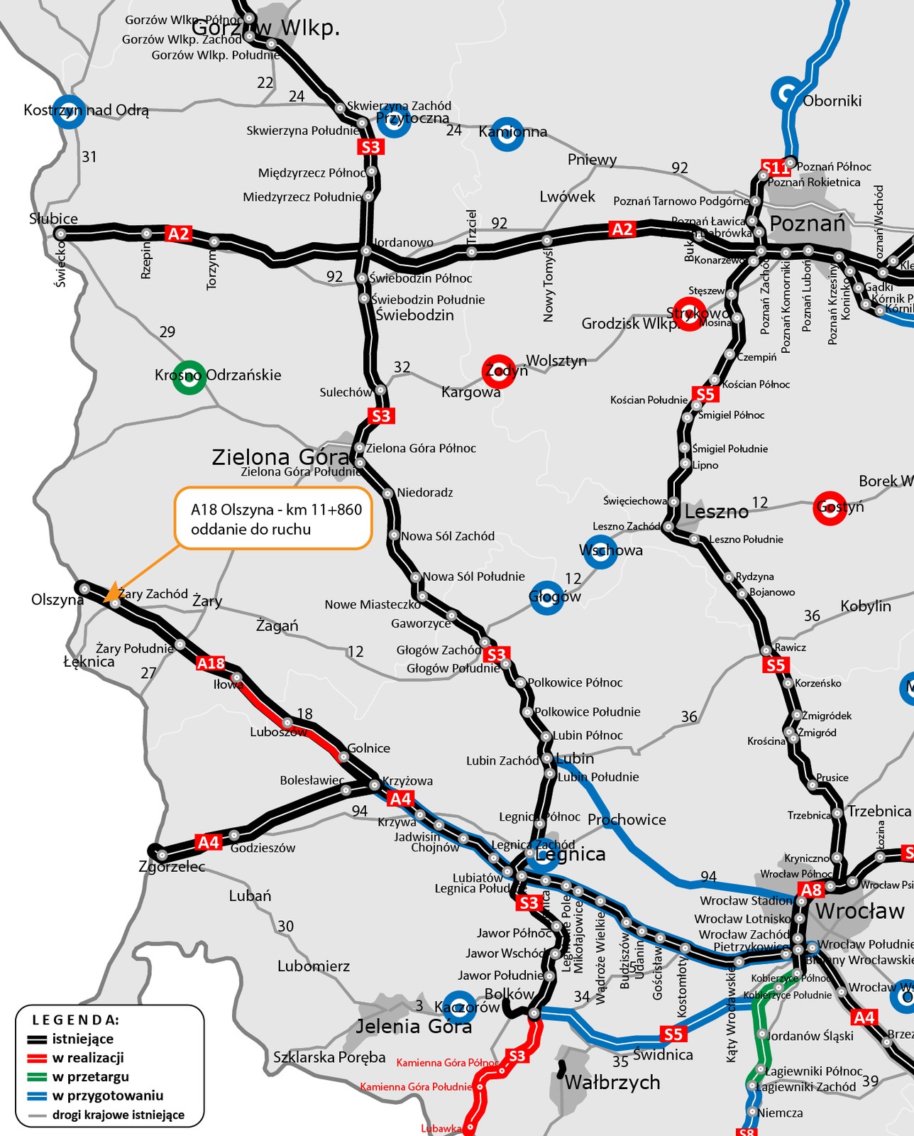 Mapa prezentująca oddany do użytkowania odcinek A18