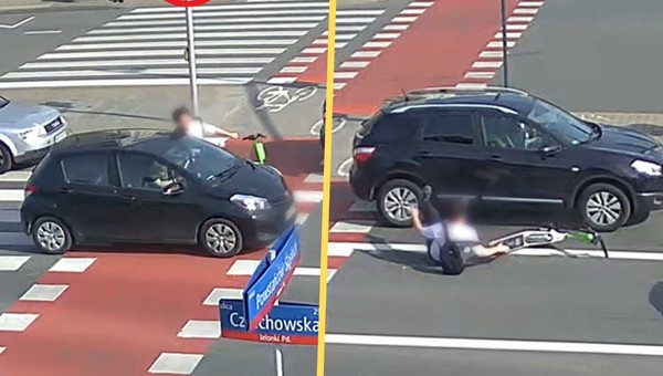 Kolizja na Bemowie. Wjechał hulajnogą prosto pod samochód [WIDEO]